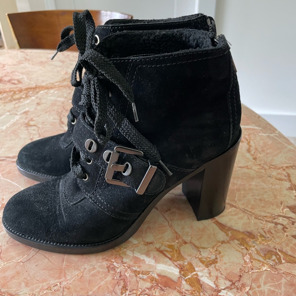 Italian suede leather lace up booties with buckle